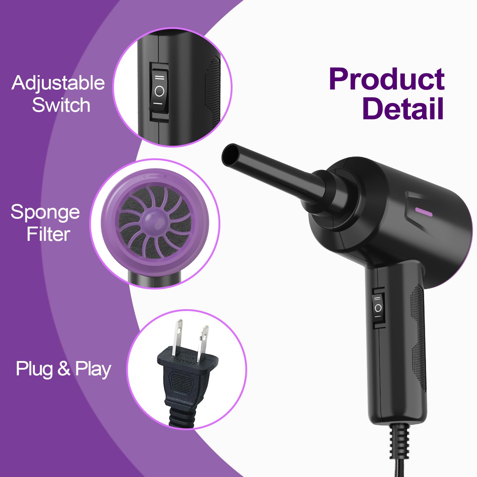 Meudeen Air Duster - Aire comprimido - Limpieza de alta potencia de 5.5 onzas para computadora - PC - Soplador de aire de 2 engranajes (negro morado)