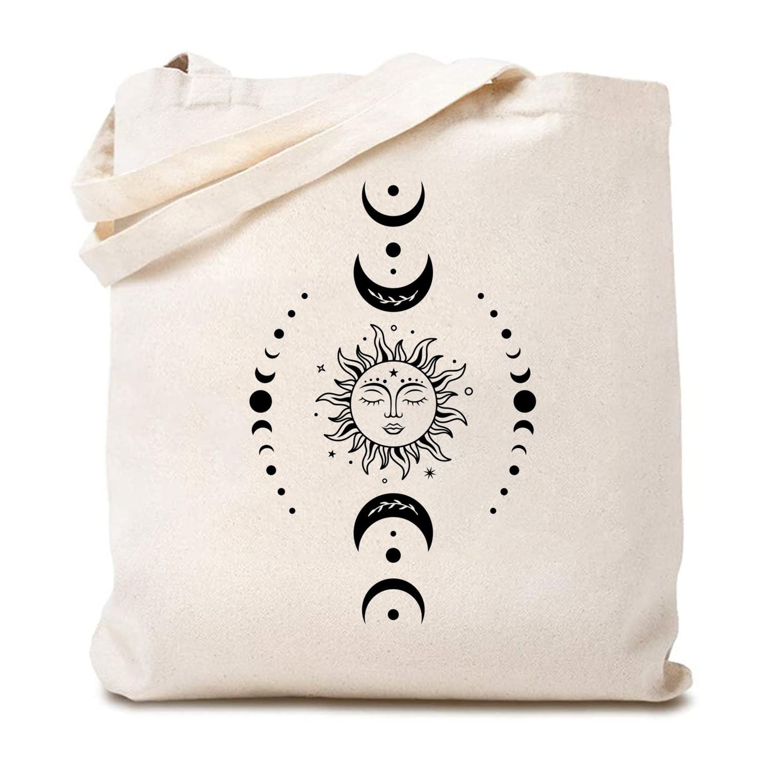 TSIIUO Women's Celestial Sun and Moon Boho Canvas Tote Bag Funny Moon Phase Lover Reusable Shopping Canvas Bag