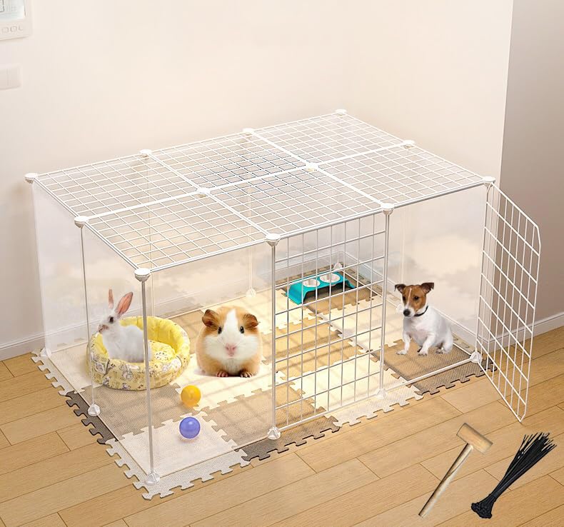 DIY Pet Playpen with Top Cover, Portable Yard Fence with Door for Small Animals, Guinea Pigs, Rabbits,Dog Cage,Cat Cage, Dog Fence,White,16 panels,43.7 * 29.5 inches