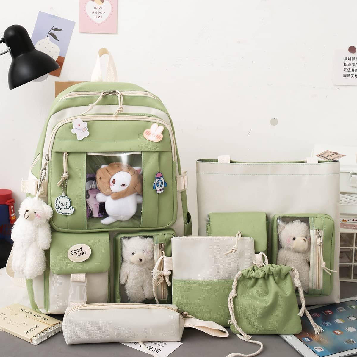 5-Piece Aesthetic Kawaii Backpack Set with Kawaii Pin and Pendants Accessories, Nylon Material | Durable & Adorable image 2