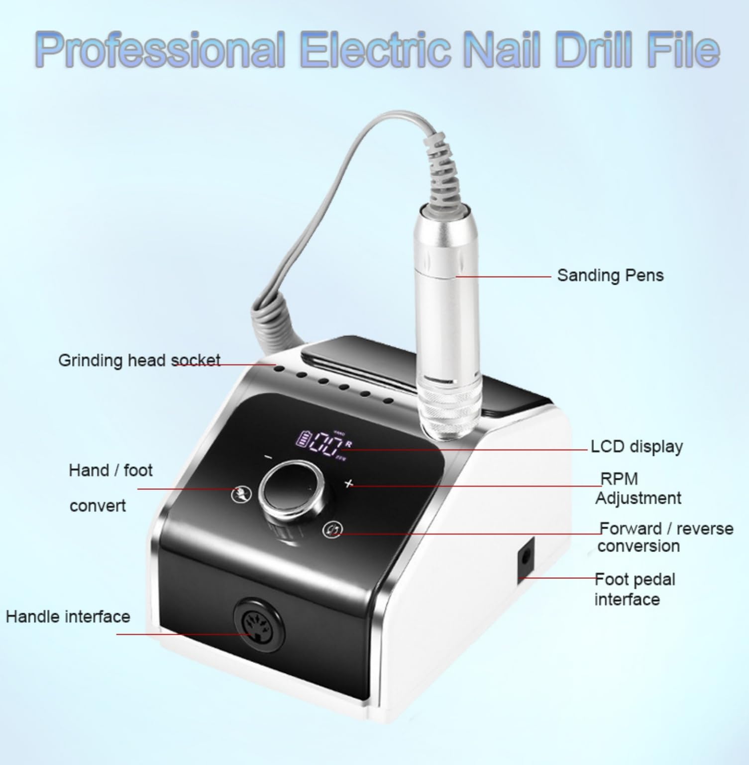 Torno para Uñas Eléctrico Profesional Lima de Uñas Eléctrica Portátil Recargable Drill para Uñas 35000 rpm Kit de Manicura y Pedicura Con Pedal + 6 Brocas Lima para Salón y Uso Doméstico-Blue