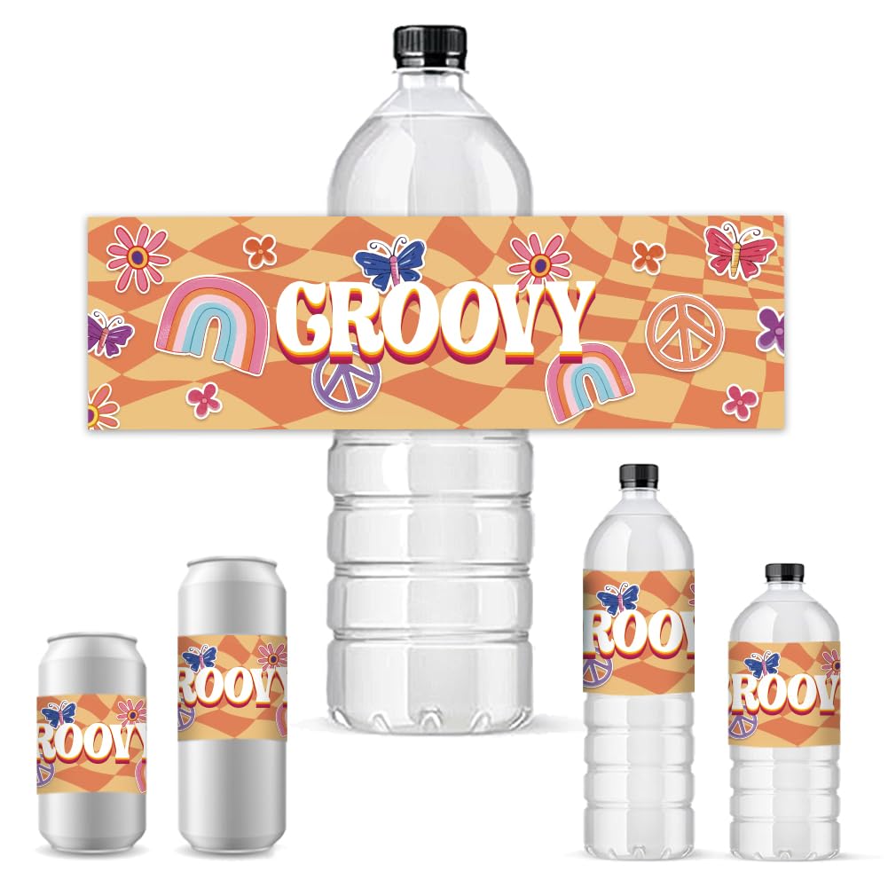 PH PandaHall 30pcs Groovy Water Bottle Labels, 70s Disco Bottle Stickers Decorative Bottle Wrappers Hippie Waterproof Bottle Wraps Self-Adhesive Water Bottle Label for Birthday Party Favors