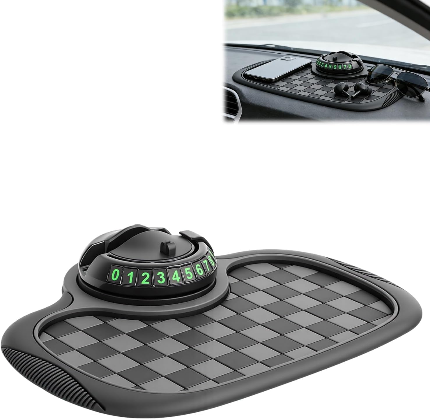 Multifunction Car Anti Slip Dashboard Mat with 360° Rotatable Phone Holder, Temporary Parking Number, Organizer for Phone Sunglasses Keys (Black)