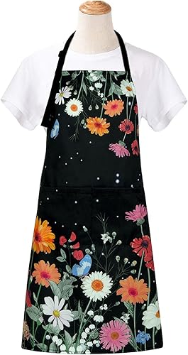 Miniatura 8 de ASPMIZ Delantal floral para adultos, delantal impermeable para mujer con 2 bolsillos, delantales de cocina de flores con correa ajustable para el