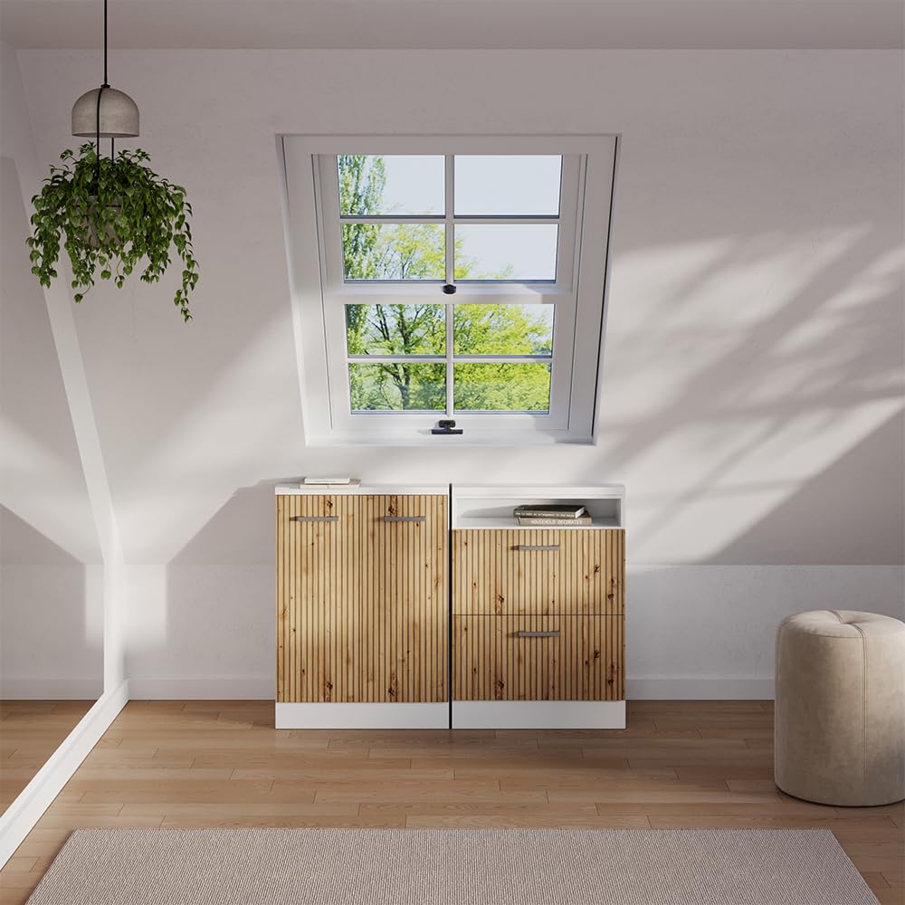 Vicco Meuble de Rangement sous Pente Rion, Chêne Artisan/Blanc | L60 x P46 cm , avec 2 tiroirs, gain de place pour les pièces mansardées