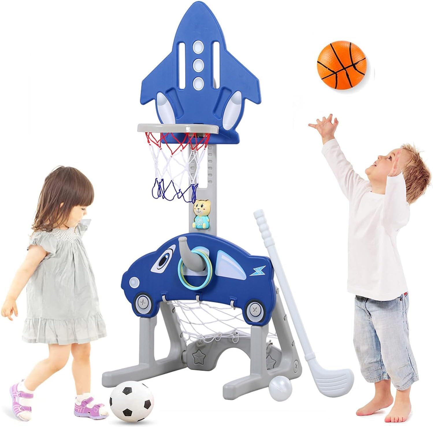 5-in-1 Basketball Hoop for Kids, Toddler Sports Activity Play Center, Adjustable Height children's Basketball Hoops with Golf Soccer Goal, Ring Toss, Basketball Hoop Play Set for Indoor Outdoor Sports