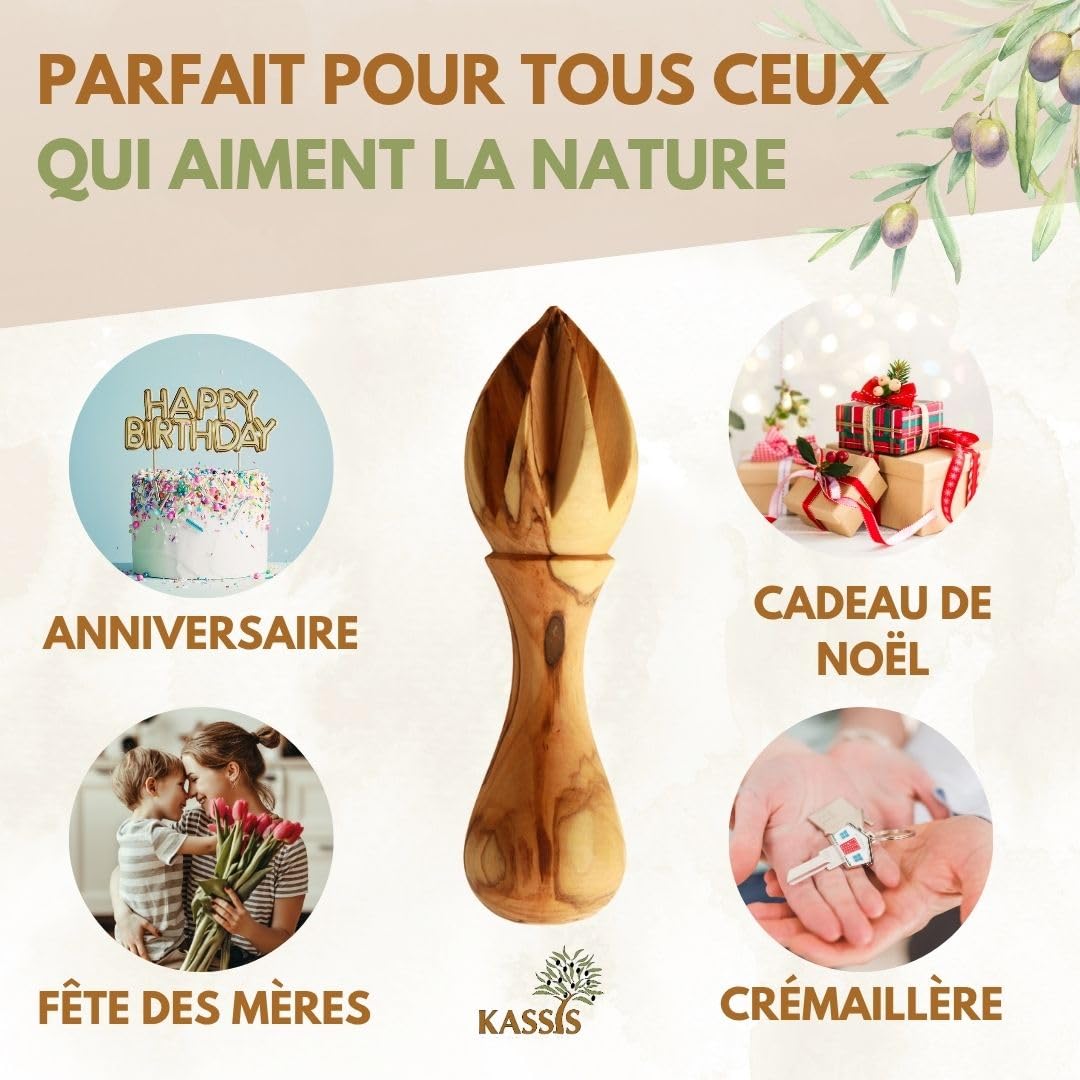 KASSIS Presse-agrumes en bois d'olivier - Jus frais - Presse-lime et orange artisanal 14 cm