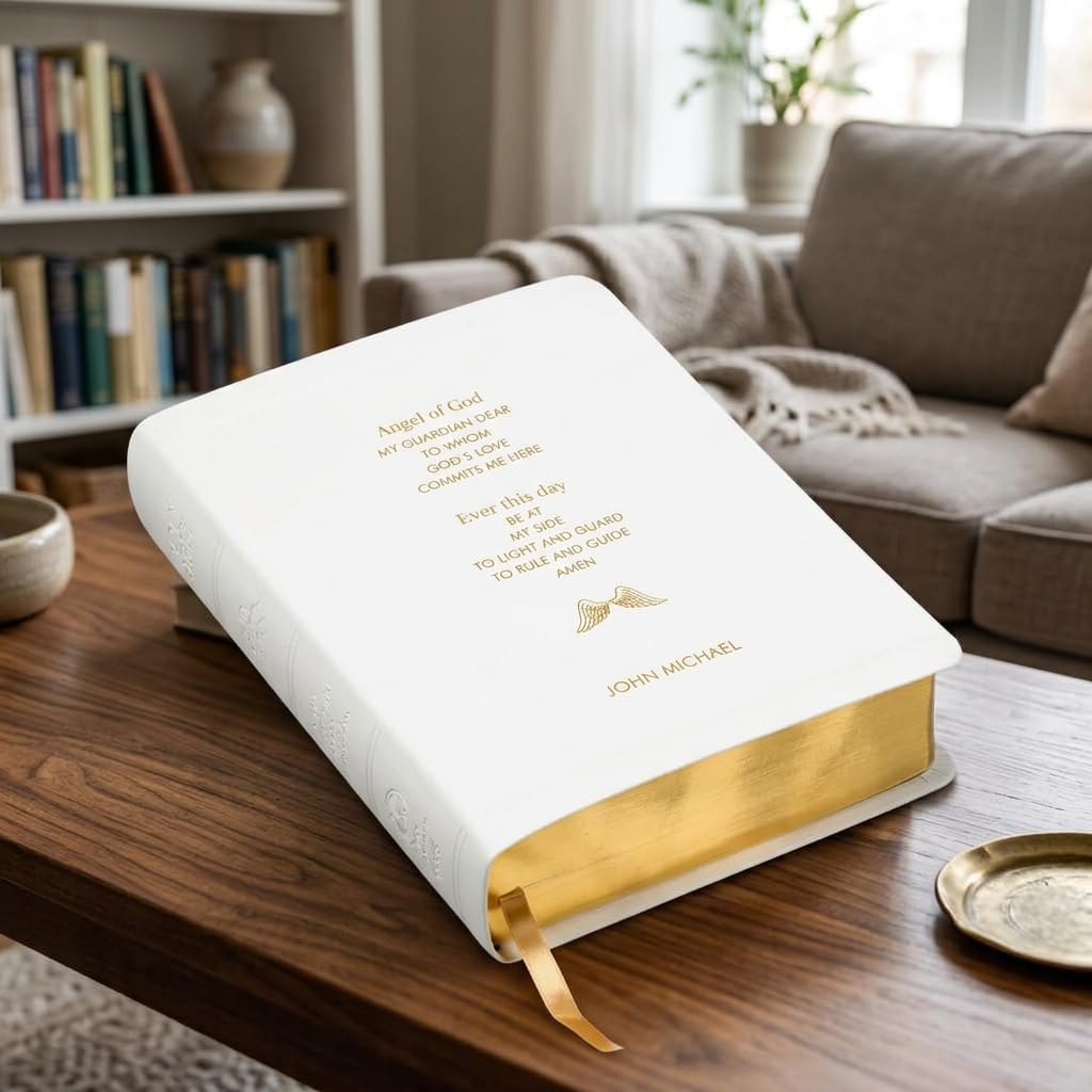 Personalized Bible with Name Engraved, Angel of God Prayer - NABRE, Custom Catholic Bible for Men & Women - White Study Bible, Religious Christian Keepsake Gift for Communion, Confirmation