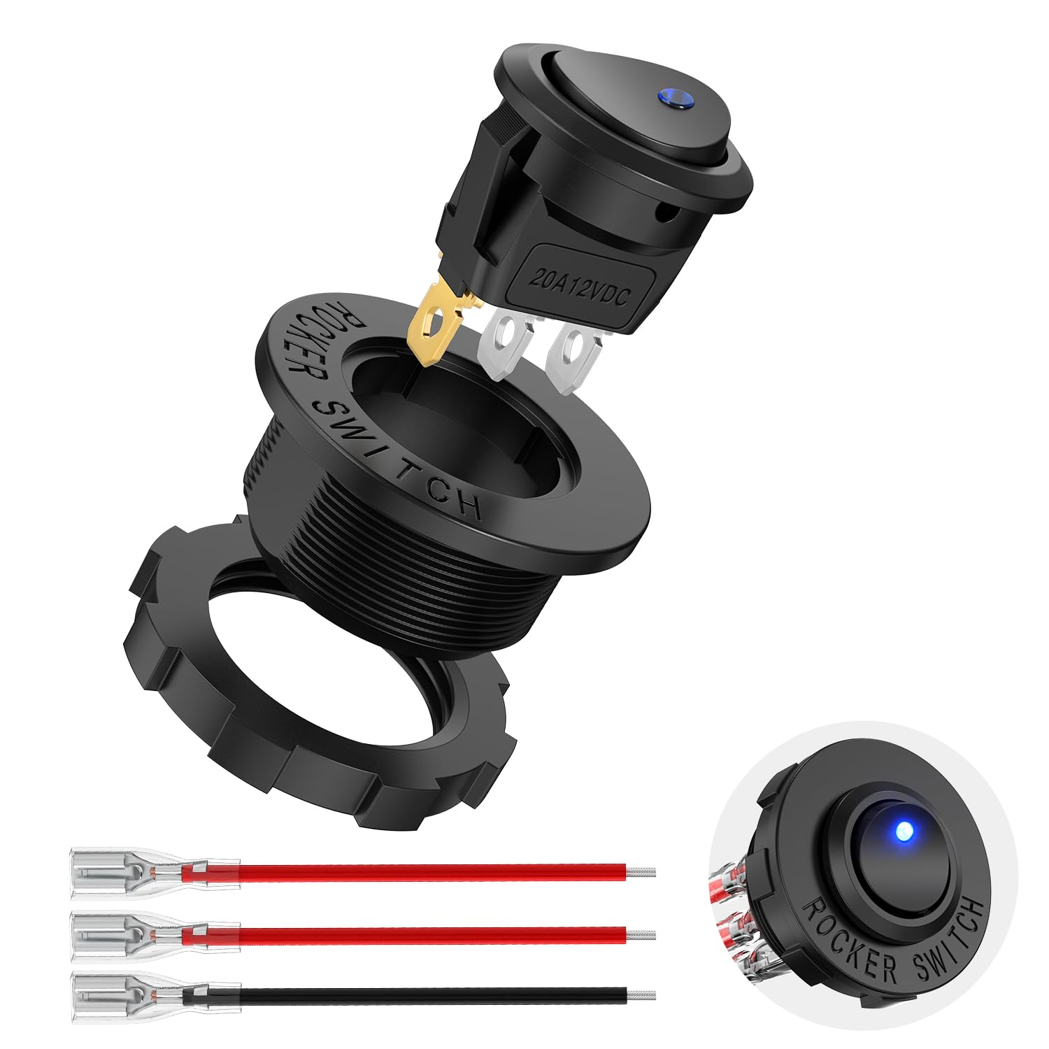 Nilight 1PC LED Rocker Switch 12V 20A Blue Lighted ON Off Round Toggle