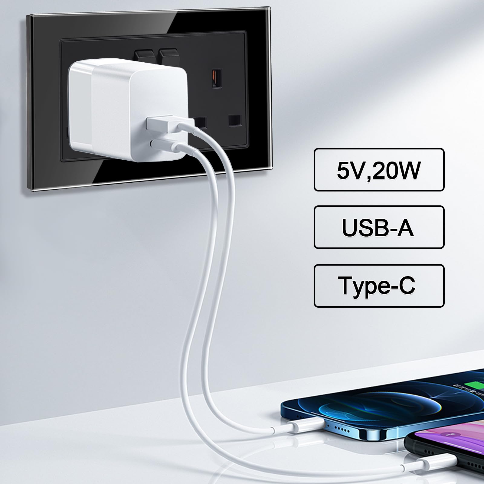 JIMEIDA 5 Pack 20W Black Double Switched Socket Fast Charging 13 Amp with USB A and USB C Charging Ports Crystal Glass Panel Wall Outlet,250V - Image 4