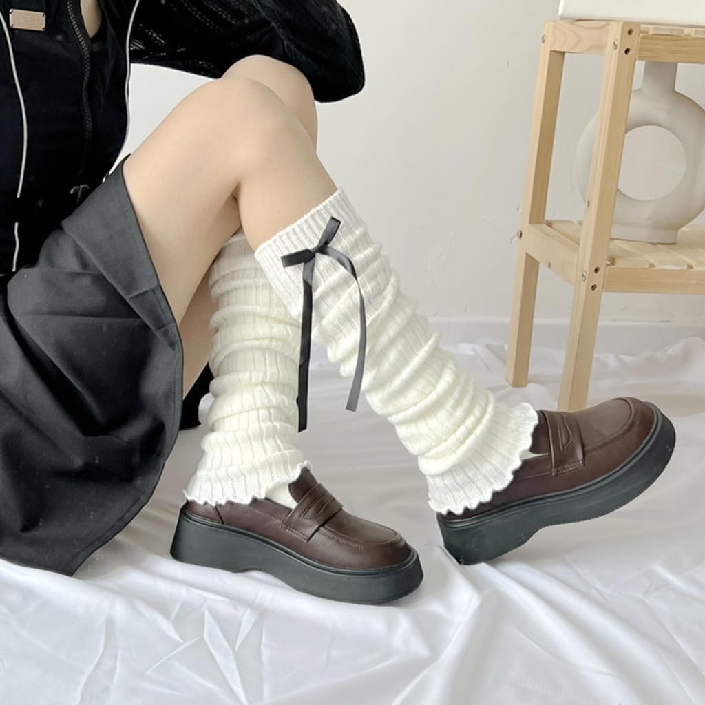 Women Ribbed Knit Leg Warmer Socks Japanese Sweet Ribbon Bowknot Ruffled Foot Stocking