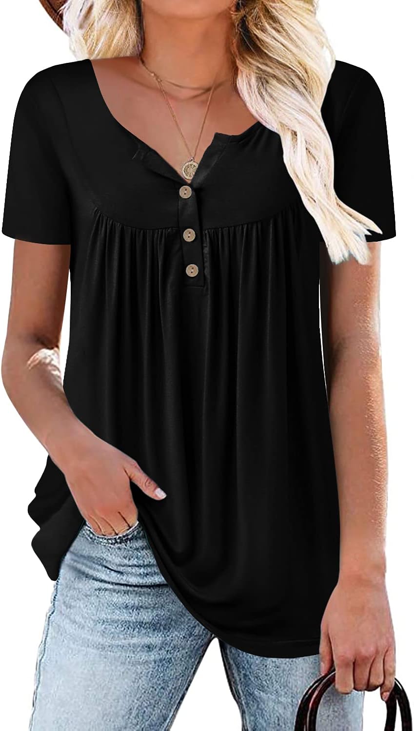 Mystry Zone Womens Henley V Neck Casual Blouse Button Down T Shirts Flare and Flowy Tops