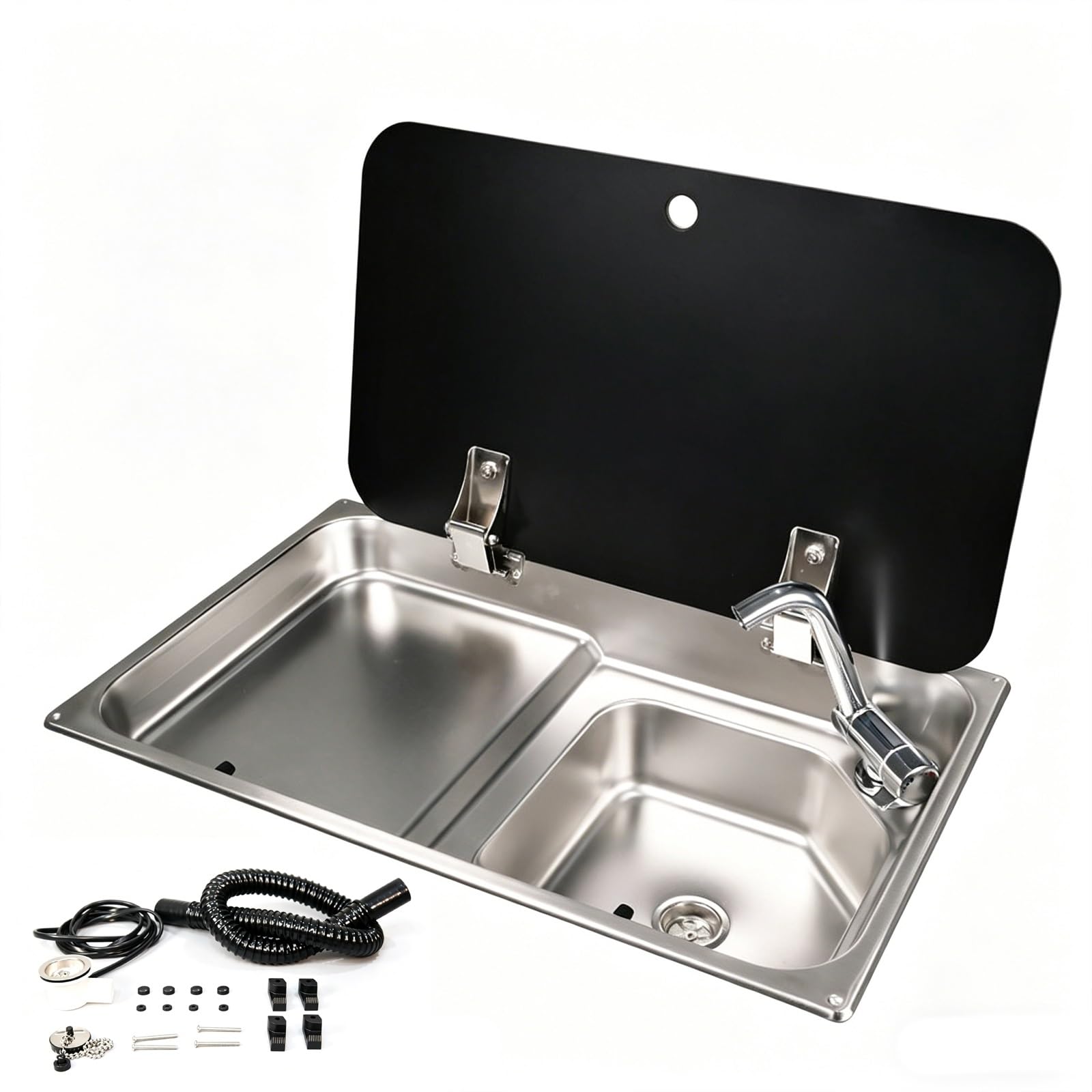 Fregadero Camper, Fregadero Cocina con Grifo Integrado, Tapa Oculta, Escurridor, Acero Inoxidable 304, para Bar, Food Truck o Caravana