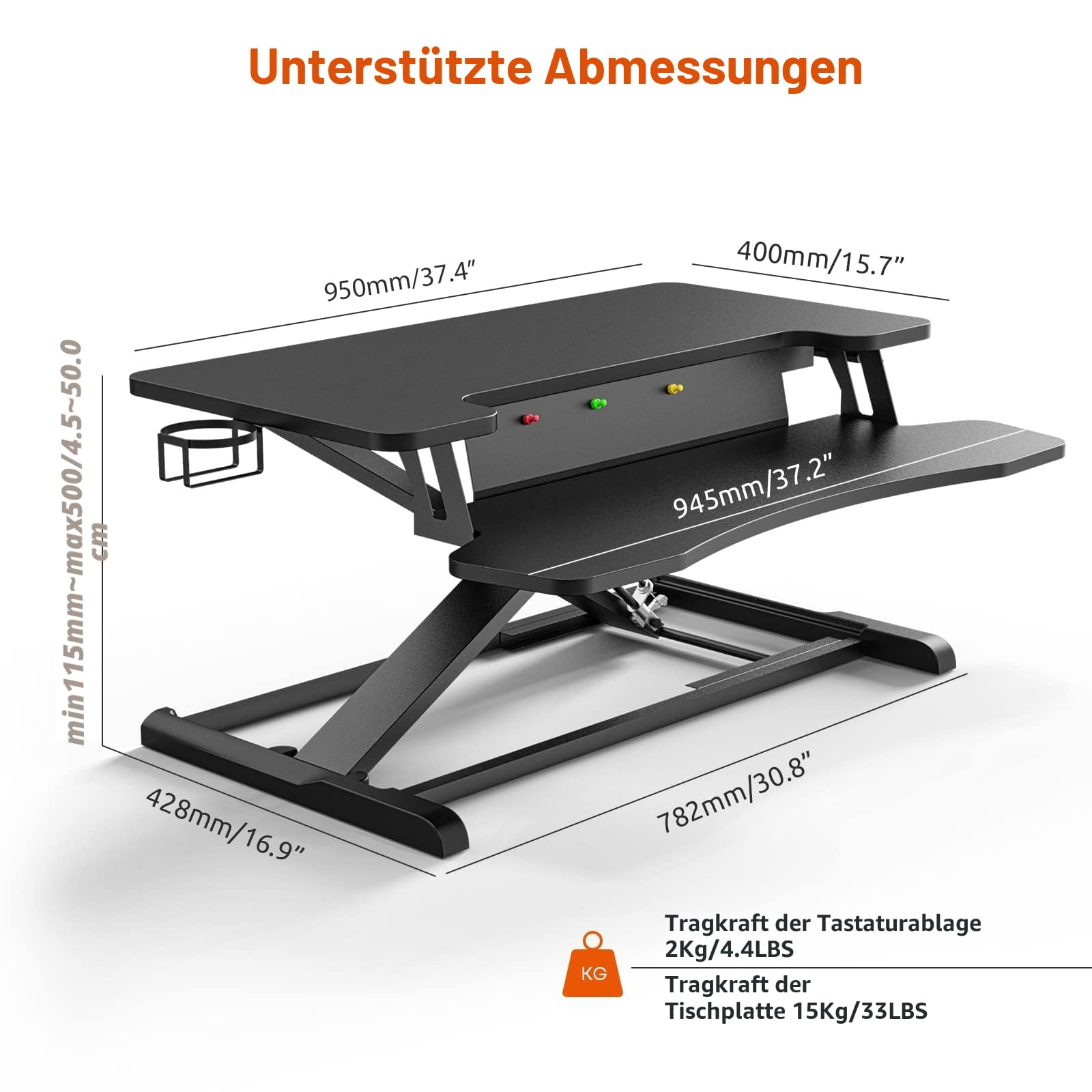 PUTORSEN Steh-Sitz Schreibtisch, 37'' Zweistufige Stehpult Konverter mit Tastaturablage, Höhenverstellbarer Stehpult Riser mit Tassenhalter und Notizbrett bis zu 15kg, Schwarz