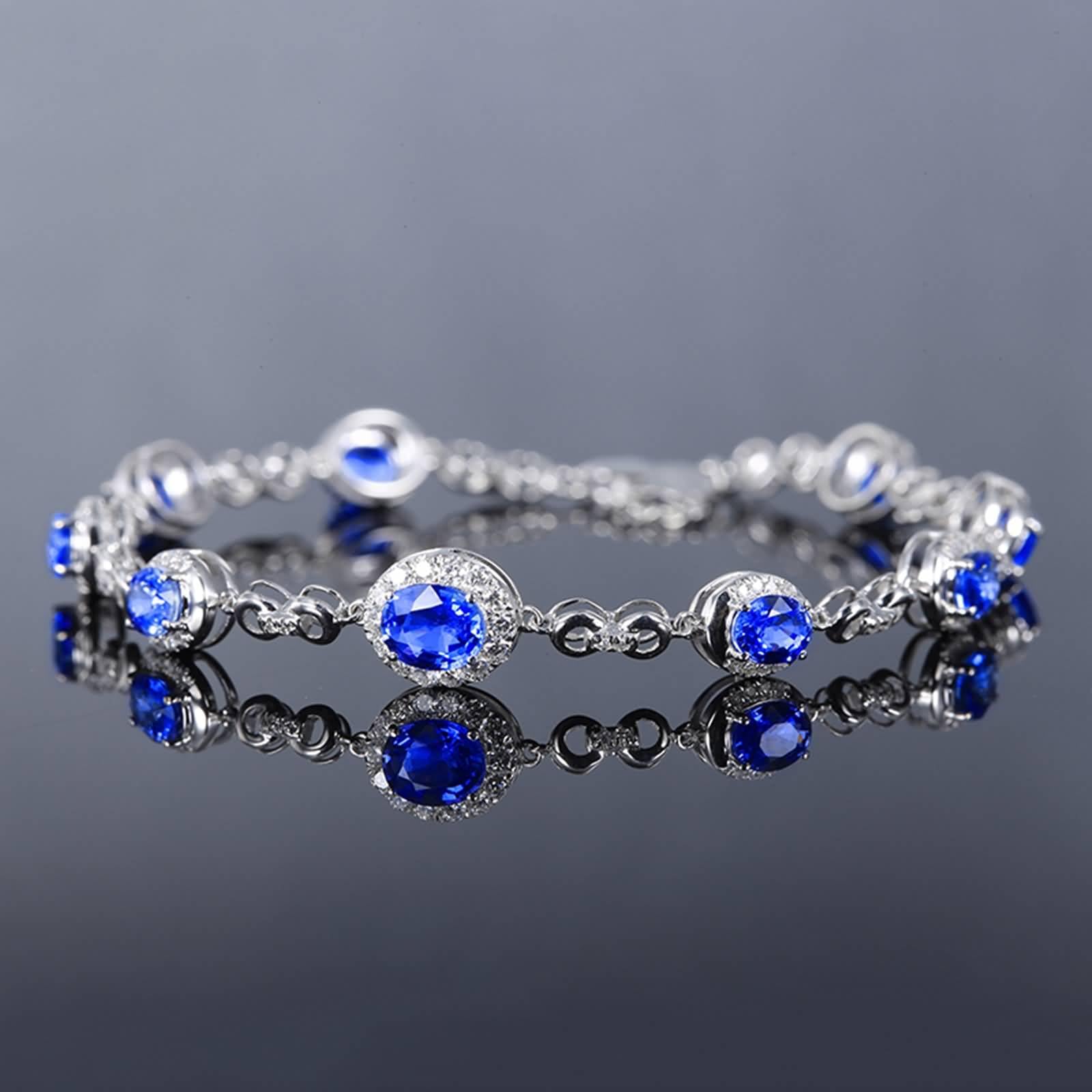 Pulseras de oro de 18 quilates para mujer, pulsera de cadena de eslabones de oro blanco con zafiro azul creado en laboratorio de 4,22 quilates y moissanita de 0,462 quilates, No es una piedra
