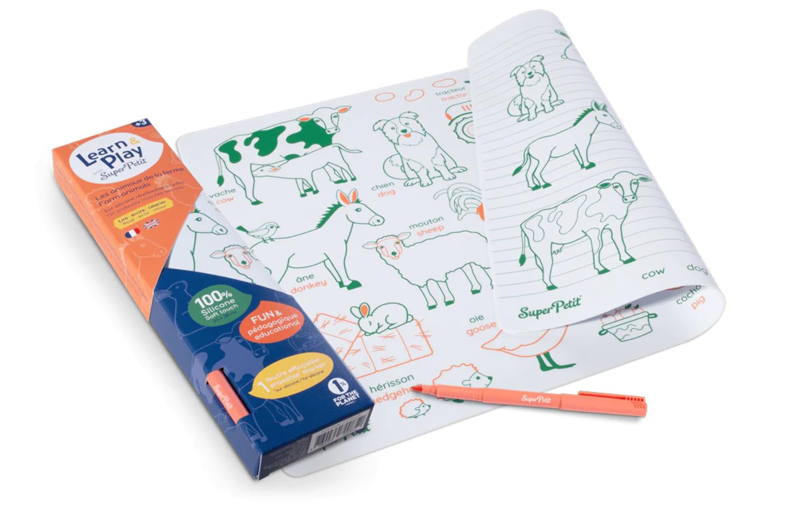 SUPER PETIT Farm Animals Reversible Educational Set 100% Silicone  1 Erasable and Reusable Colouring Pen + 3 Years  Bilingual French English Version  Montessori Method  Set 40 x 30 cm