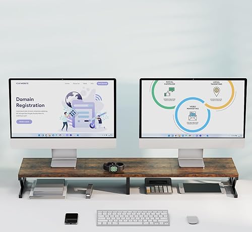 Miniatura 6 de Elevador de monitor doble, elevador de monitor de madera grande para 2 monitores, elevador de monitor con almacenamiento para escritorio, resistente