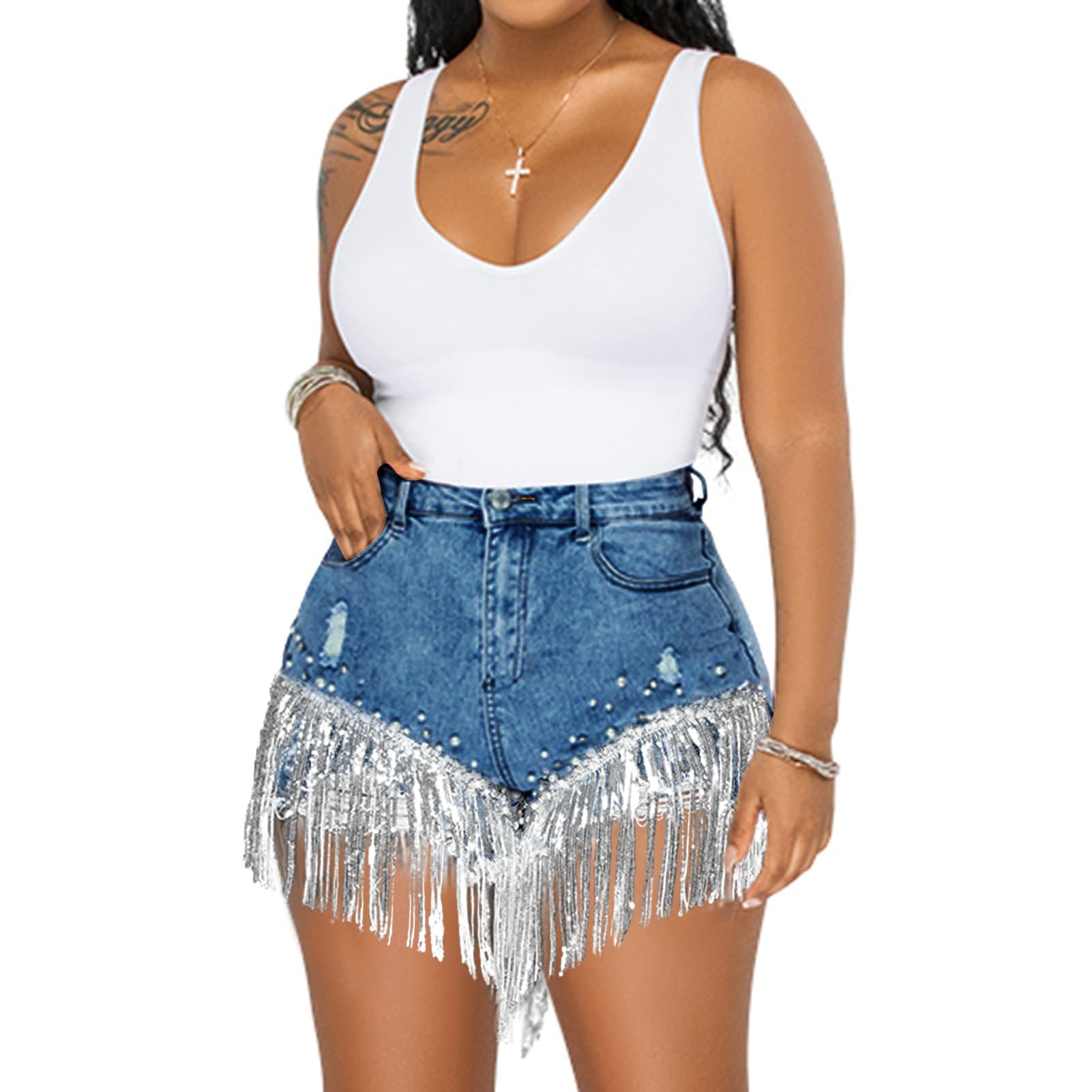 CYLADY Women High Waisted Denim Shorts Ripped Jeans Frayed Raw Hem Tassels Jean Shorts