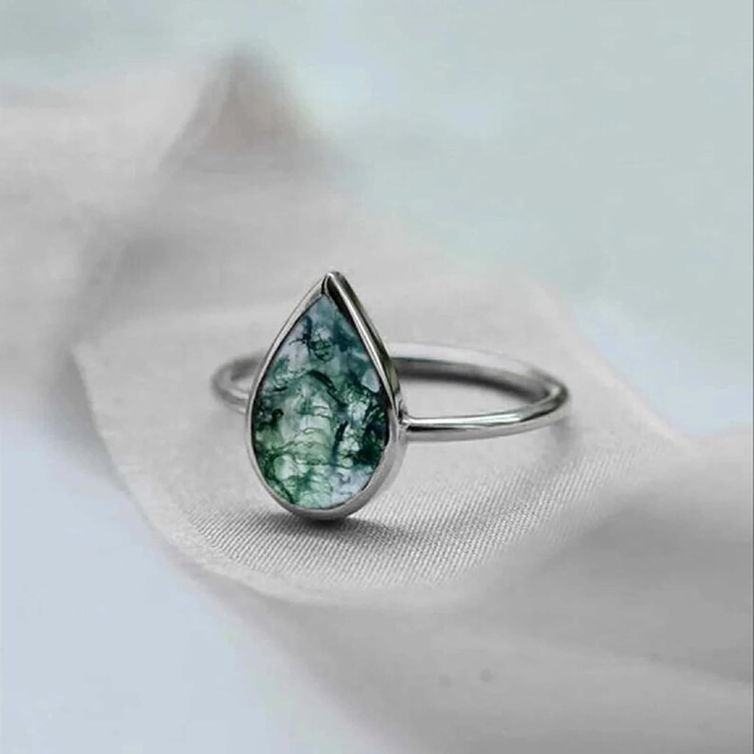 Moss Agate Ring, 925 Silver Ring, Sterling Silver Jewelry, Pear Moss Agate Ring, Women Gift Jewelry, Bridal Ring, Birthday Gift Ring, sale