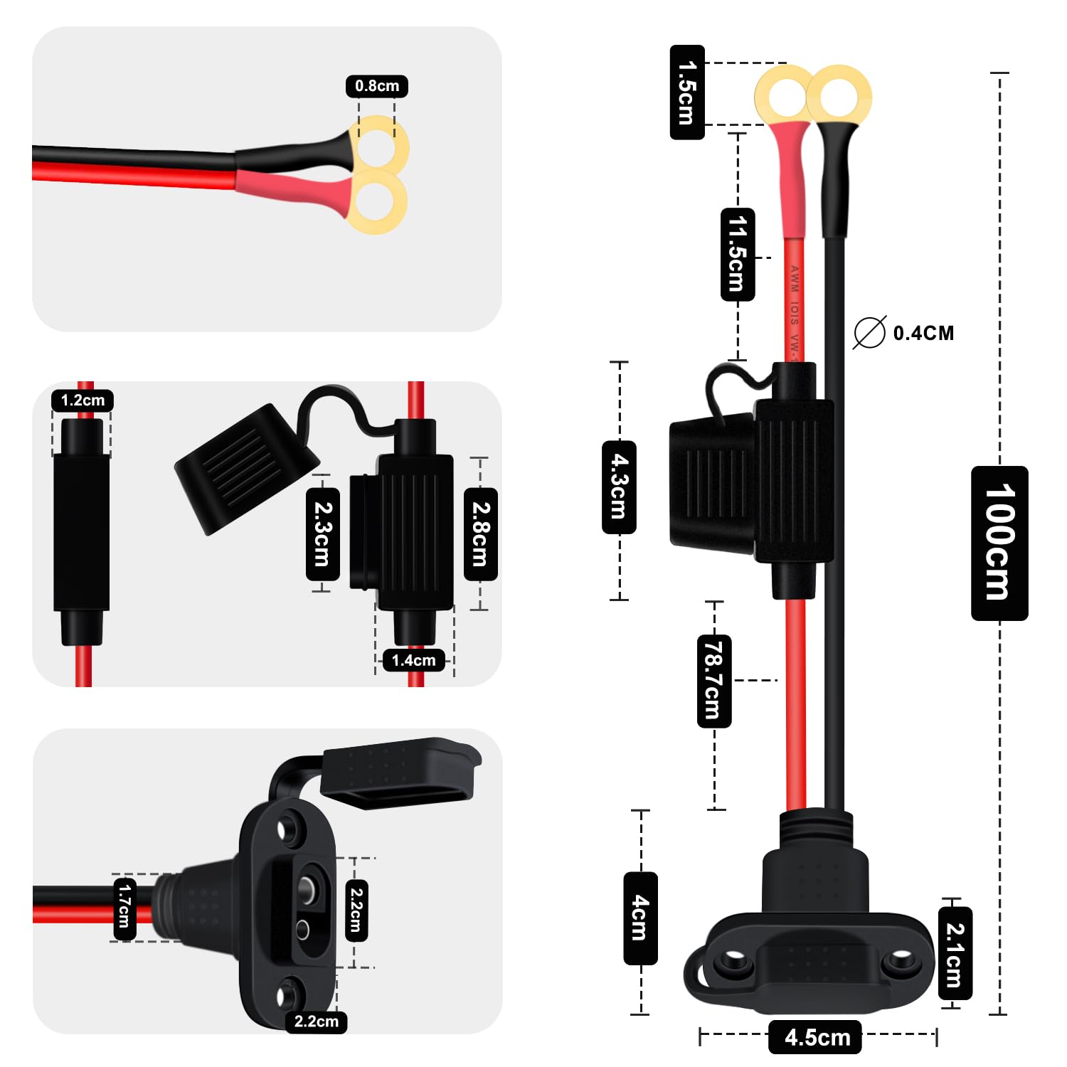 Gniazdo SAE z panelem instalacyjnym 12 V 24 V Port ściany bocznej SAE 25A 12AWG Kabel SAE do baterii z bezpiecznikiem i wodoodpornymi osłonami, do motocykli, samochodów (1 m)