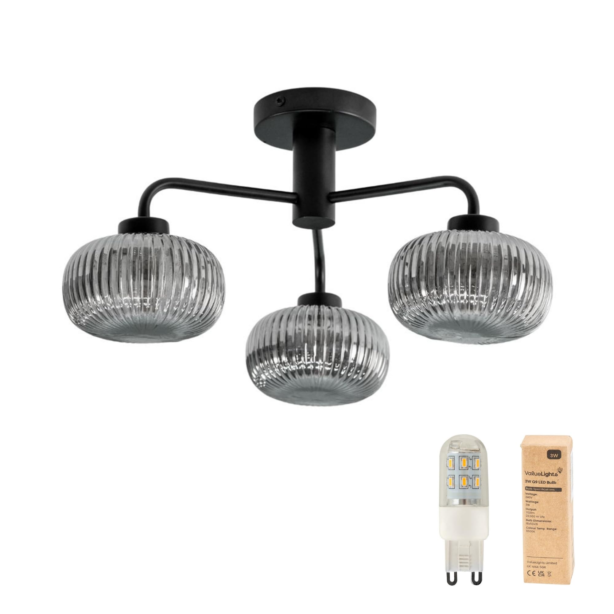 ValueLights 3 Way Smoked Ribbed Glass LED Ceiling Light Black