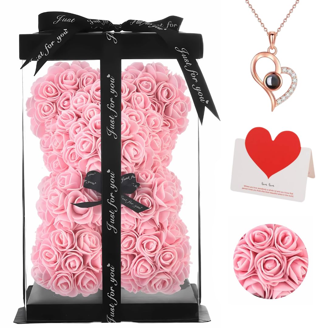 Rose Bear with Bouquet and Gift Box, 10 Inch Artificial Flower Teddy Bear, Romantic Anniversary, Christmas, Wedding and Birthday Gift (Light Pink)