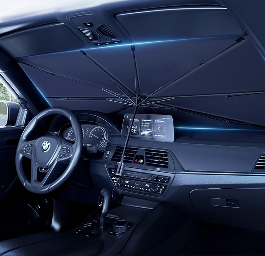 Photo 1 of AXYUANTU Windshield Sun Shade Umbrella, [2023 Upgraded] Car Front Windshield Sunshade Block UV Rays,Fiberglass Adjustable Handle Keeps Car Cool Fit for Most Sedan,Tesla,SUV,Truck (Medium (57”*31”))