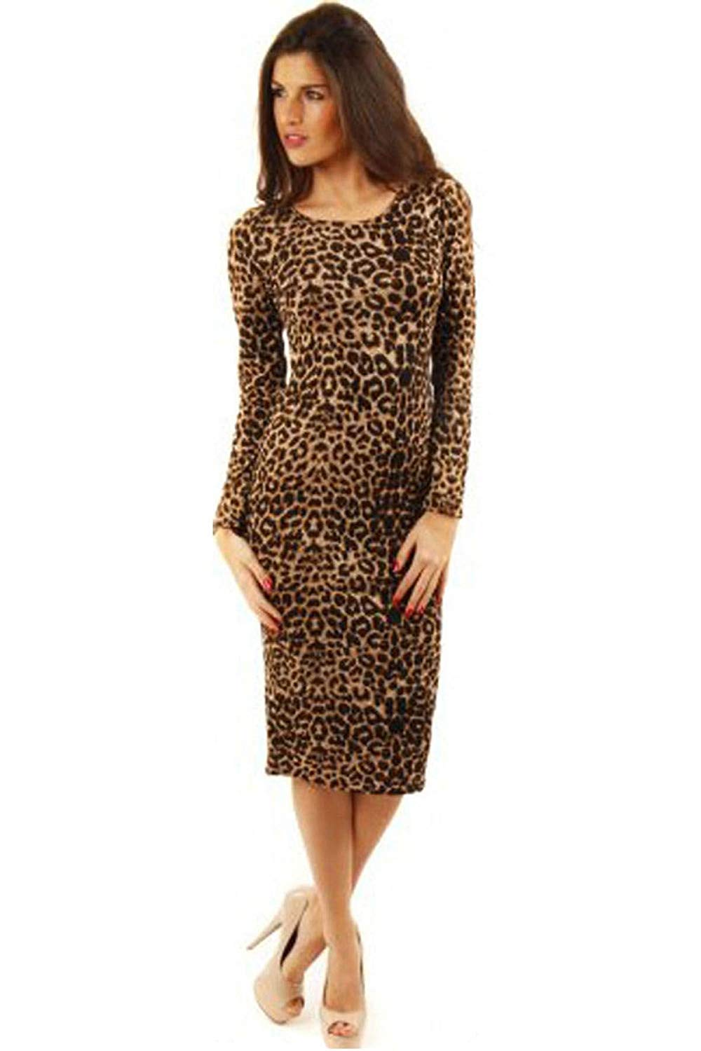 GirlzWalk® Ladies Leopard Print Long Sleeve Stretch Bodycon Women Midi Dress (Brown Leopard­, XXL/UK 20-22)