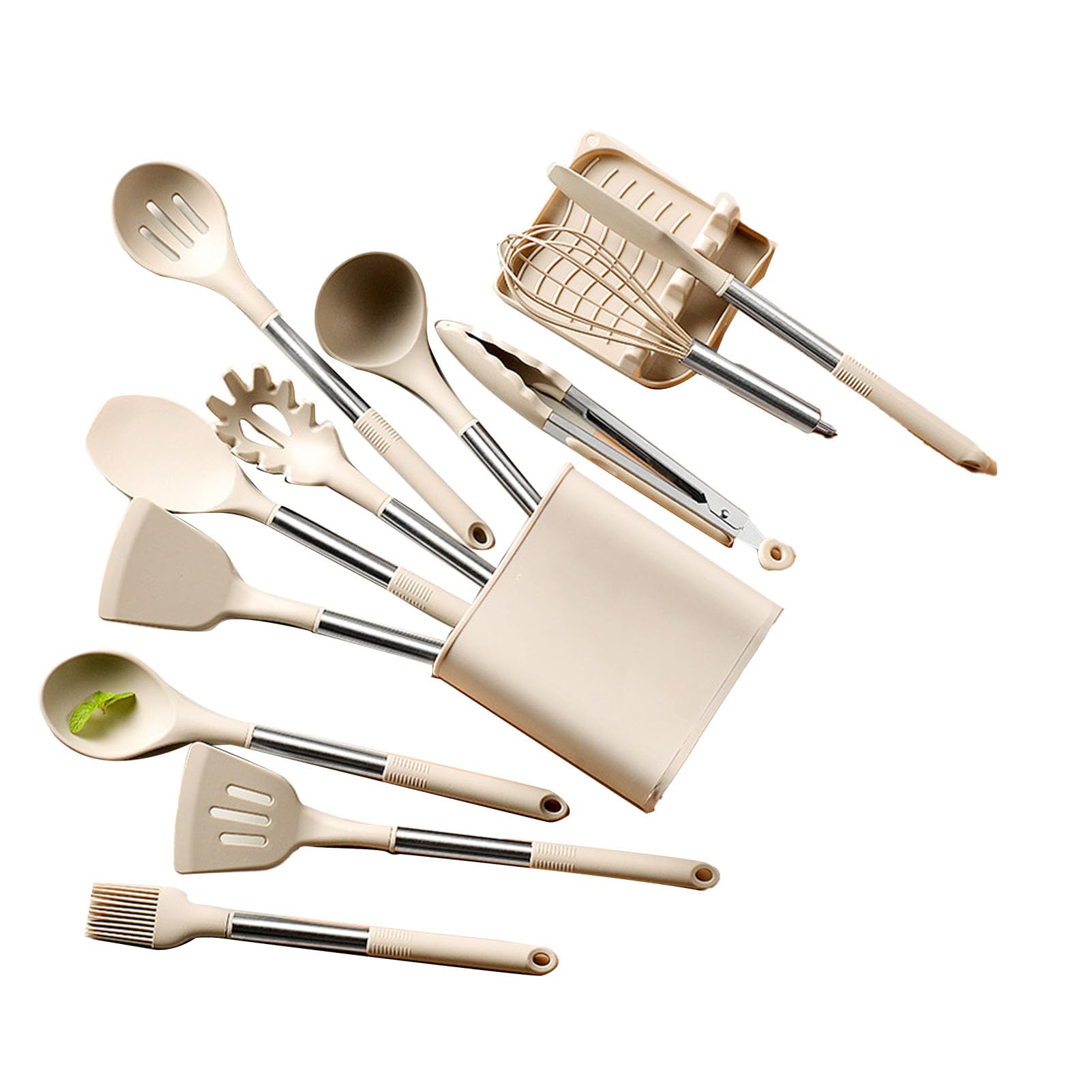 Generico 13-teiliges Küchenutensilien-Set aus Edelstahl und Silikon, Pfannenwender, Schöpflöffel, rutschfest, multifunktional, mit Aufbewahrungseimer