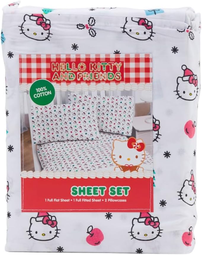 Jay Franco & Sons, Inc. Hello Kitty Christmas Cotton Sheet Set (White - Candy Canes, Queen)