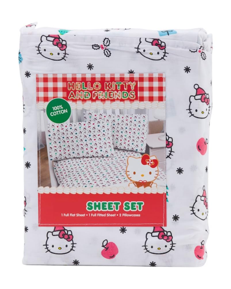 Parure de lit Hello Kitty en coton pour grand lit avec motifs de Noël blancs
