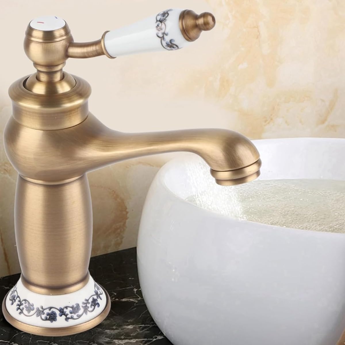 Sarini Retro bateria umywalkowa do łazienki, luksusowe wiktoriańskie baterie mieszające z uchwytem ceramicznym w kwiaty, jednouchwytowa bateria umywalkowa w stylu vintage garderoby