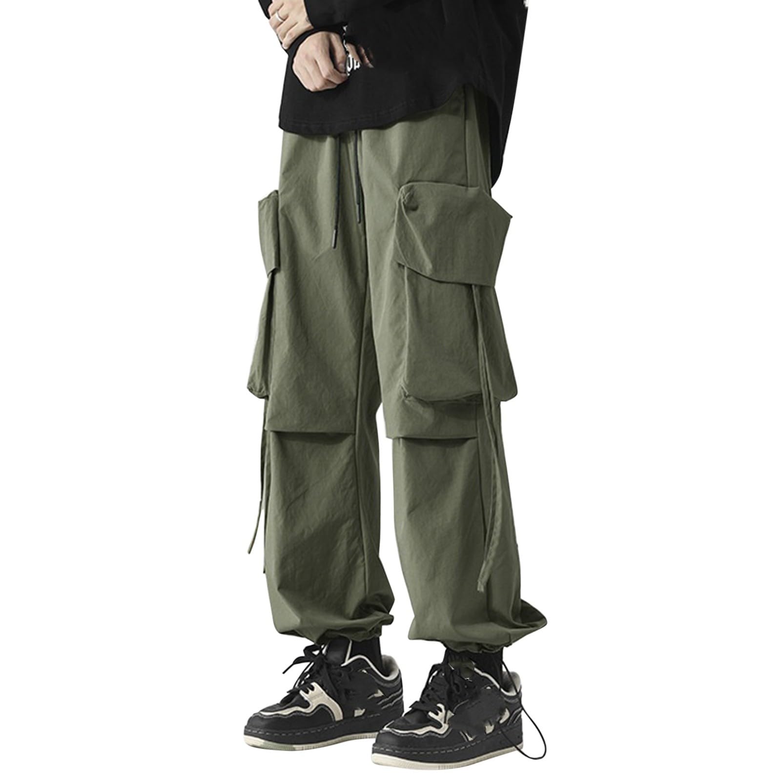 Generisch Pantalones cargo para hombre: pantalones de trabajo con cordón para exteriores con puños, pantalones de ocio, ropa urbana, pantalones de paracaídas, ligeros, pantalones funcionales