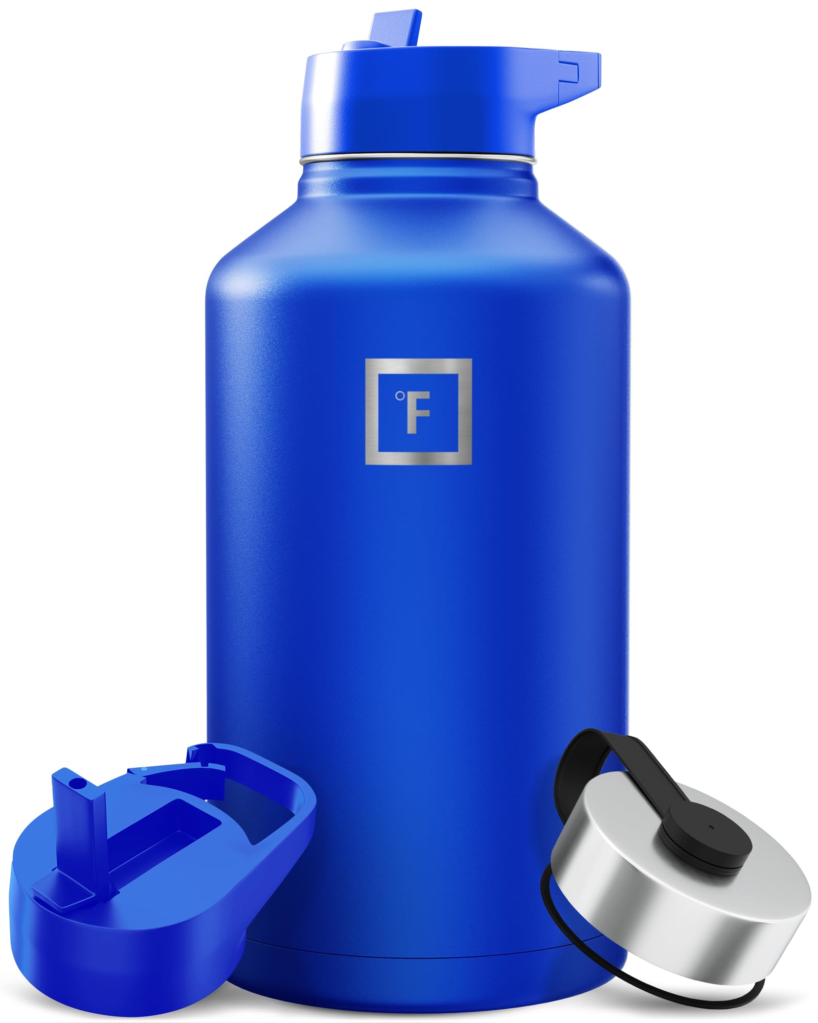 IRON °FLASK Camping & Hiking Hydration Flask with Straw, Wide Mouth Insulated Stainless Steel Sports Water Bottle - 64 oz Cobalt