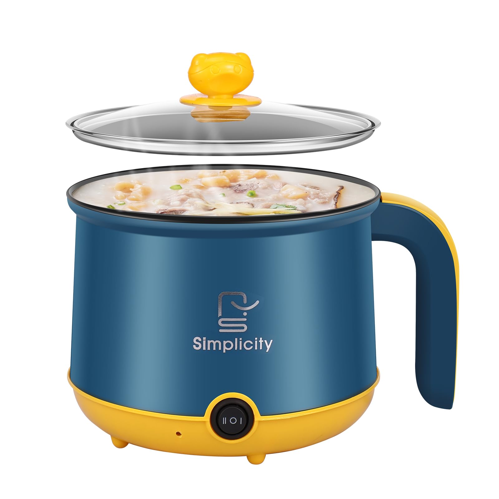 Electric Hot Pot 1.8L Mini Electric Cooking Pot with Steam Rack & Handle, 2 Gear Non-Stick Rapid Ramen Noodles Cooker, Electric Skillet for Noodles/Pasta/Egg/Soup/Oatmeal/Steak(Blue (single layer))