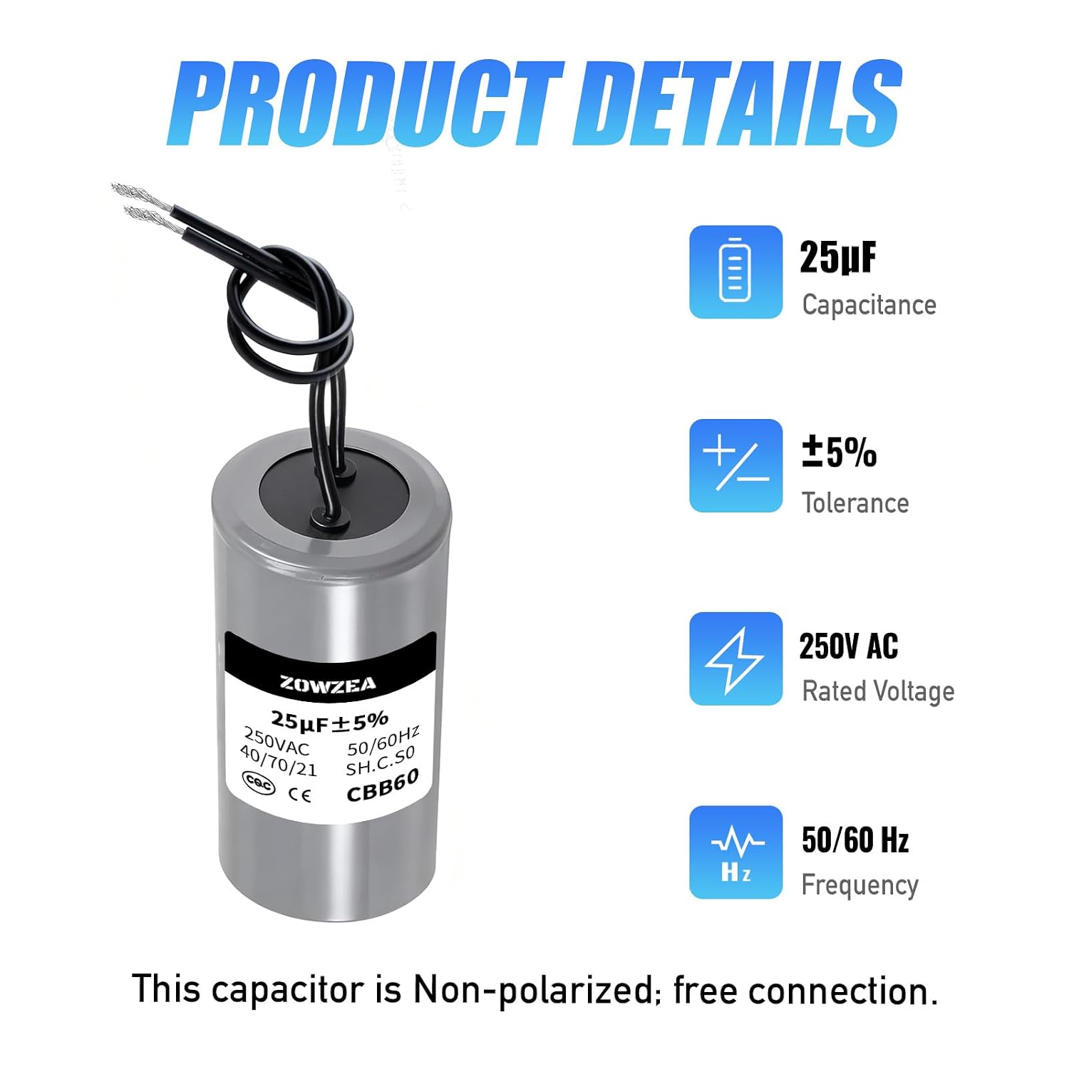 25uf/MFD CBB60 Run Capacitor 250vac 50/60Hz, Single Motor Run Capacitor for AC Pump,Air Compressor,Washing Machine