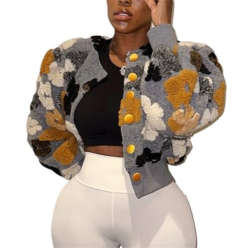 HOULENGS Women's Cropped Floral Print Fleece Bomber Jacket Casual Puff
