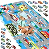 Kids Carpet Playmat Rug: Kids Car Carpet Playmat Rug with 20 Cars Pull-Back Vehicle Set - Play Room, City Pretending Play, 62.9 X 31.4 Inch, Blue