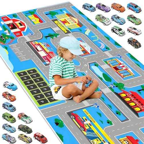 Kids Carpet Playmat Rug: Kids Car Carpet Playmat Rug with 20 Cars Pull-Back Vehicle Set - Play Room, City Pretending Play, 62.9 X 31.4 Inch, Blue