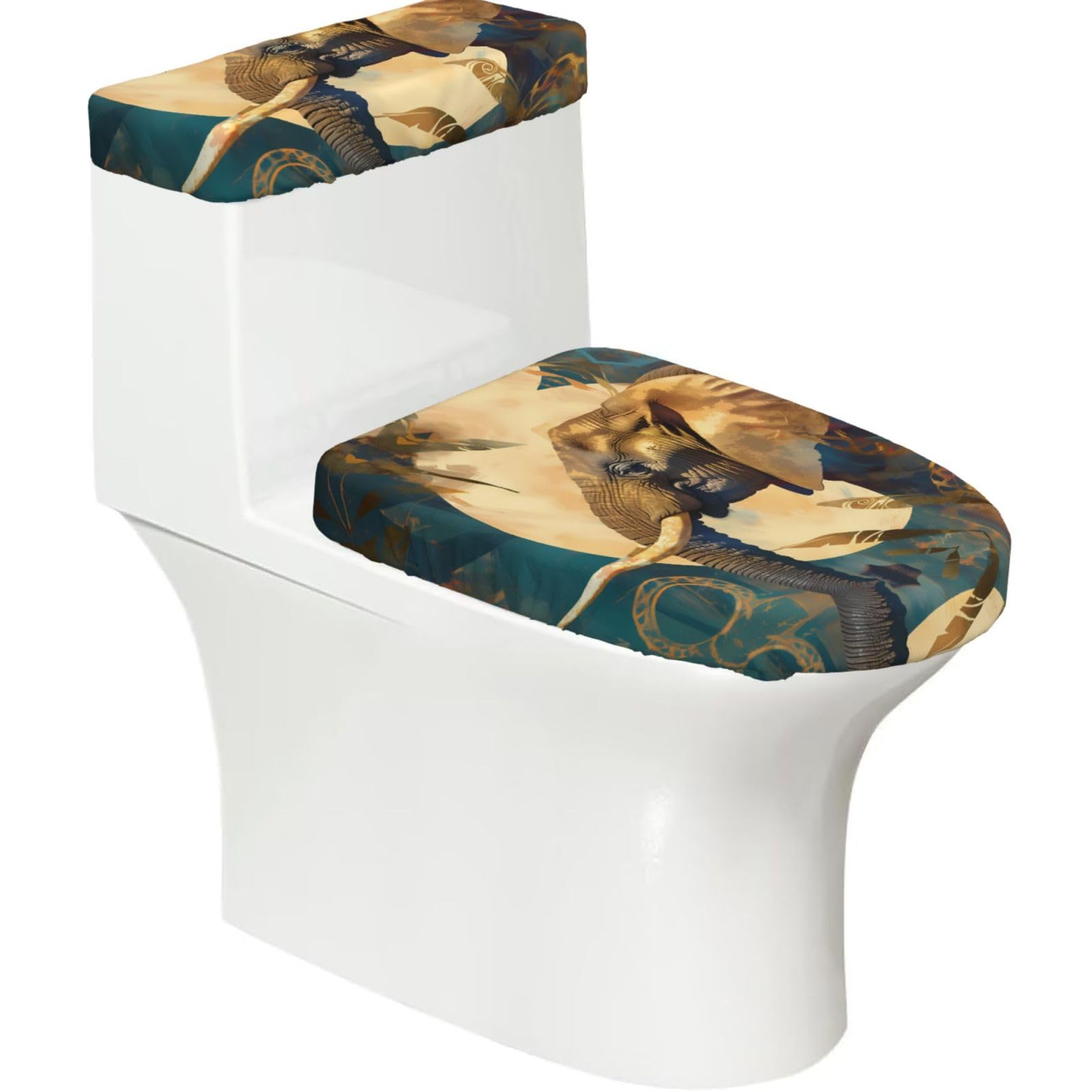 Wzycwb Black An Elephant 2-Piece Toilet Seat Cover Set With Tank Lid, Elastic Fit For U-Shape & Elongated Toilets, Bathroom Decor, Housewarming Gift