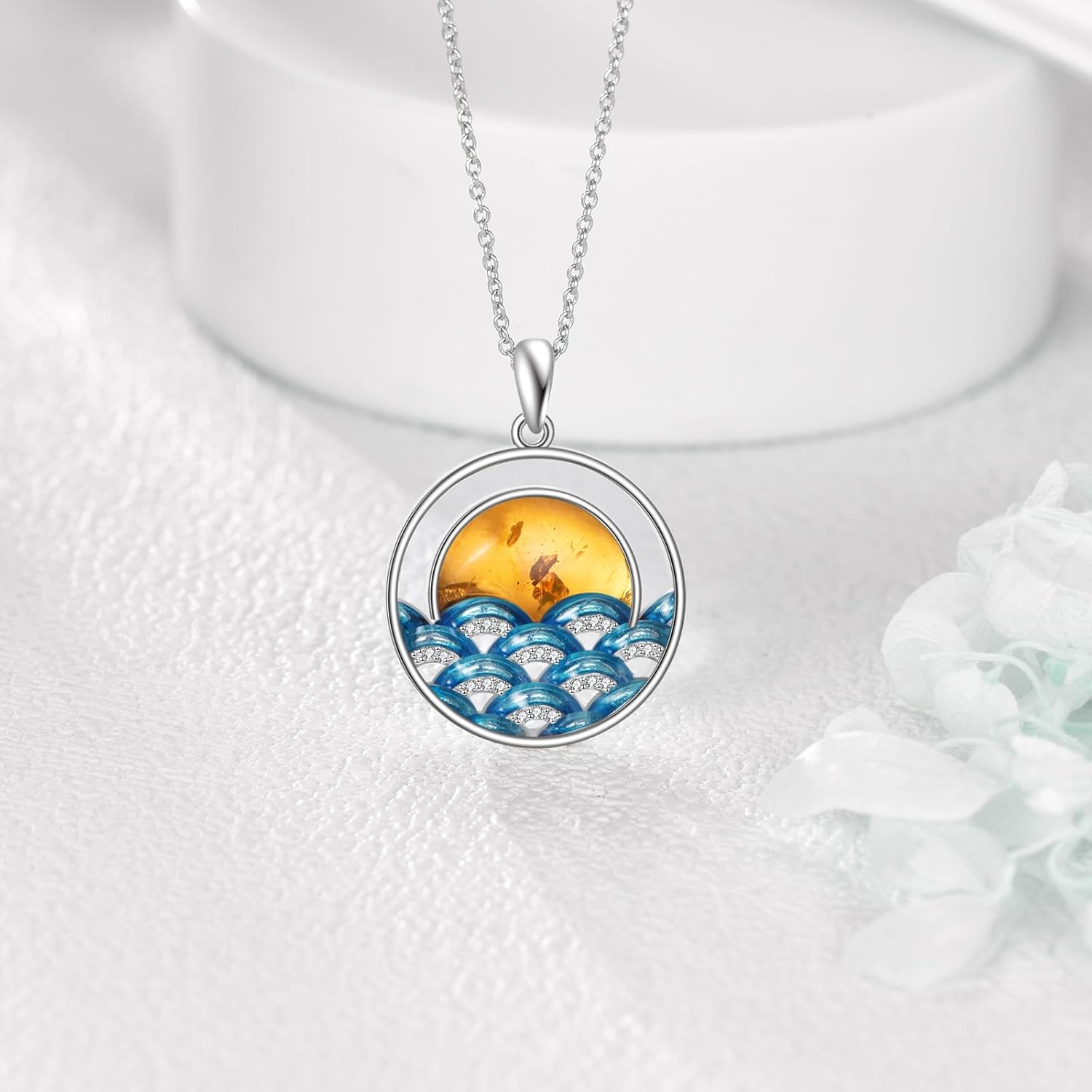 Wave Necklace Amber Sun Pendant - 925 Sterling Silver Dainty Blue Ocean Wave Necklace with Amber for Women Ocean Beach Jewelry Gifts