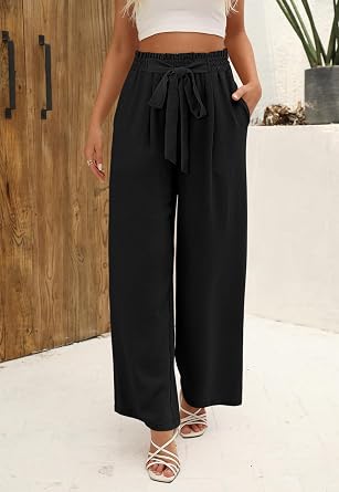 Angerella Womens Wide Leg Pants High Elastic Waist Adjustable Knot Casual Flowy Trousers Business Work Pants with Pockets