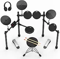 AiJoy Conjunto de bateria elétrica para iniciantes com 210 sons, 4 almofadas de bateria silenciosas, pratos de 25 cm, kit de bateria eletrônica com fones de ouvido, 2 pedais, trono, bastões, presentes