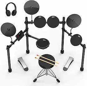 AiJoy Conjunto de bateria elétrica para iniciantes com 210 sons, 4 almofadas de bateria silenciosas, pratos de 25 cm, kit de bateria eletrônica com fones de ouvido, 2 pedais, trono, bastões, presentes