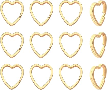 12pcs Creative Key Ring Keychain Heart Shape Golden Metal Flat Split Key Holder Chains Rings Crafts DIY for Home Car Tag Office Organization Lanyards Keys Attachment Gift