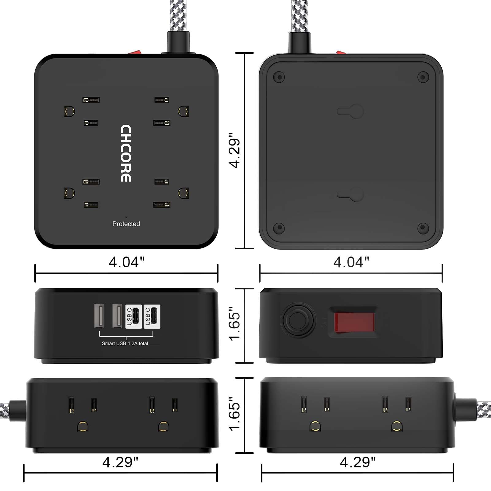 CHCORE 3M geflochtenes Verlängerungskabel mit 8 Steckdosen mit 4 USB-Ladeanschlüssen (2 USB C) Flachstecker Mehrfachstecker Verlängerungskabel Ladestation für Home Office