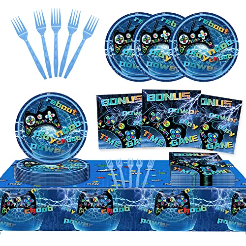 Lousuip Video Game Plates And Napkins Party Supplies For 16 Guests Include Plates Napkins Forks Table Cover For Kids Boys Gamer Party Decor #TOP4