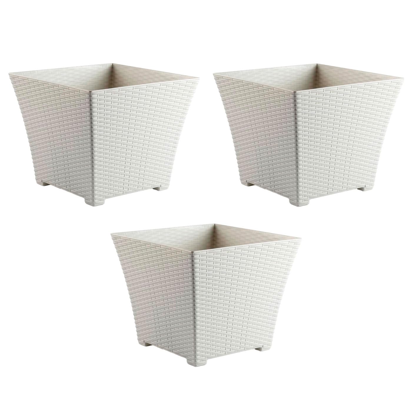 AC - Pack de 3 Macetas Rattan Cuadradas de plástico, Tiesto, macetero, Recipiente para Plantas, Flores, jardín, terraza, hogar, Fabricadas en España (Blanco Marfil - 30 cm)