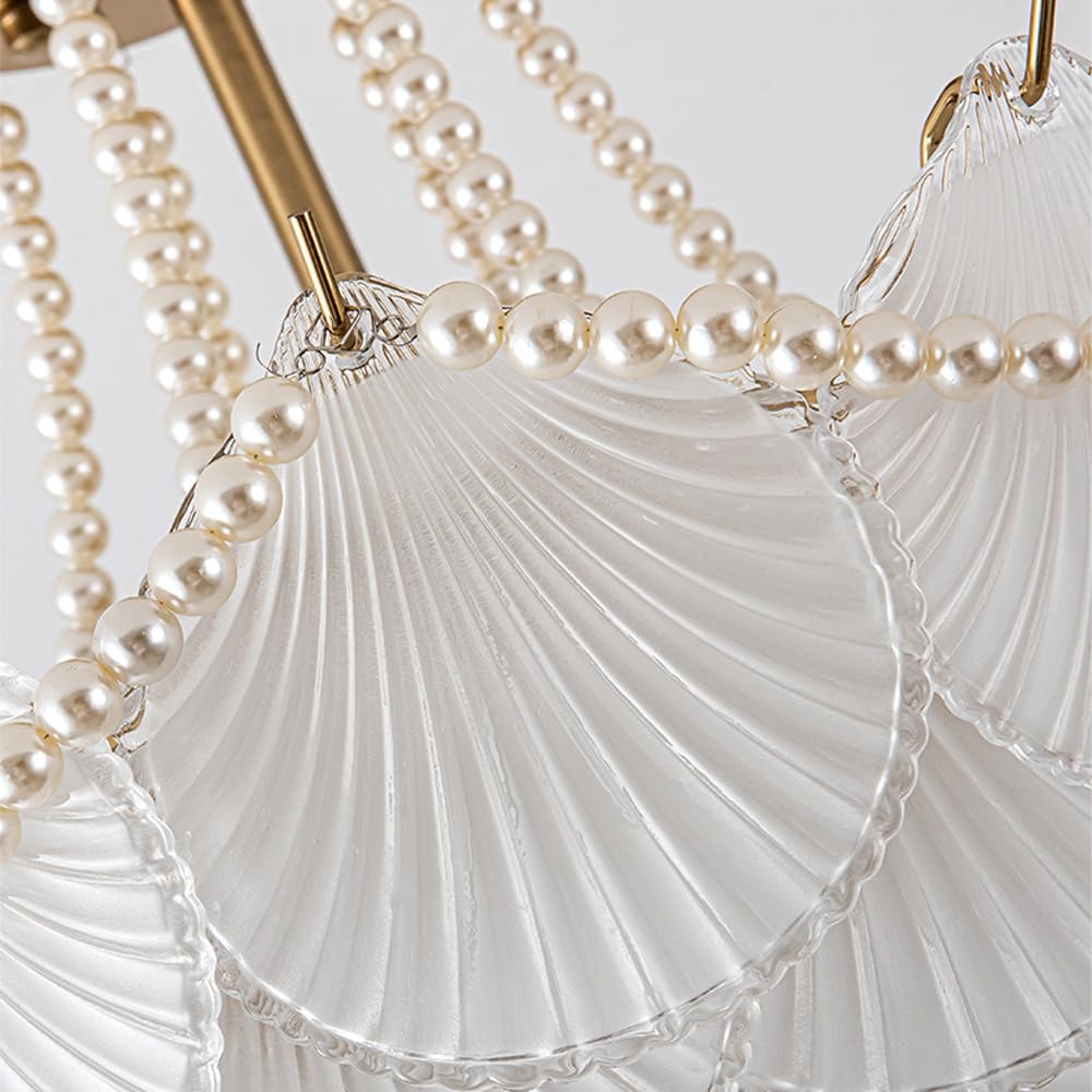 Lámpara de araña de Cristal Esmerilado Dorado de 20" - Diseño Art Déco de Perlas y Conchas Marinas, lámpara de Techo semiempotrada Grande de 4 Niveles, Estilo nórdico Moderno, Colgante para
