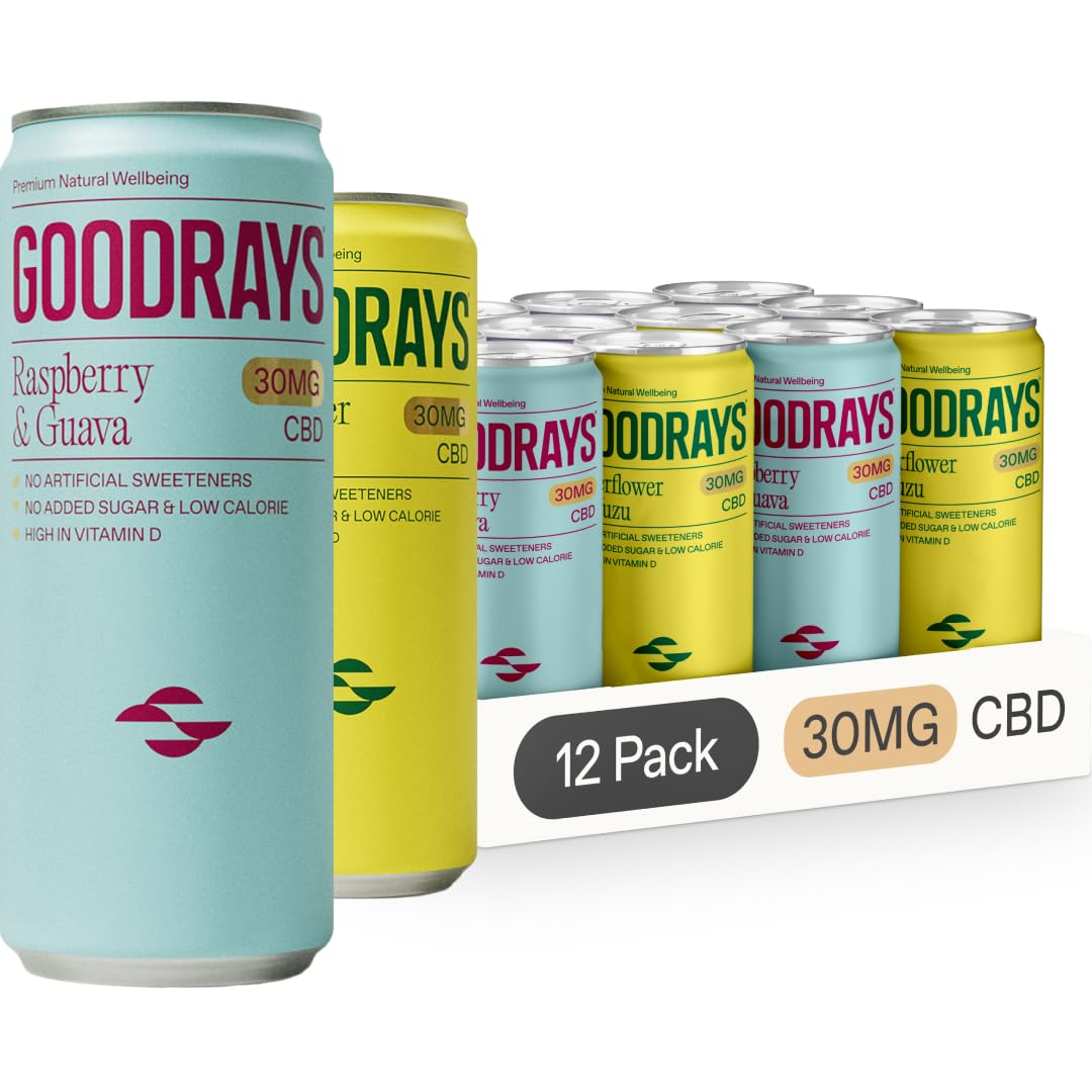 Goodrays - 30mg CBD Drink Mixed Pack - 12 x 250ml Cans - Natural Flavours, Low Calorie, Vegan - Elderflower & Yuzu, Raspberry & Guava - High Strength, All Natural - Reduce Stress & Unwind